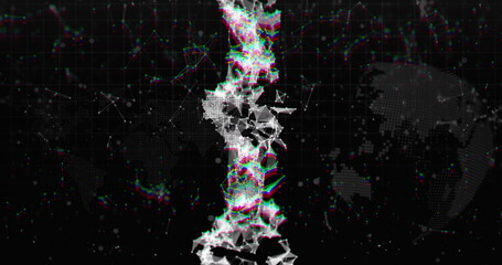 Image of spinning dna strand over network of connections on dark background