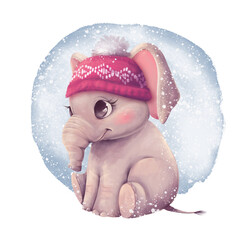 Cute Baby Elephant in Red Winter Hat with Snowflakes