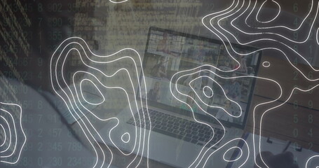 Image of white moving lines over person using laptop