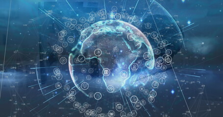 Image of digital interface and globe over caucasian doctor