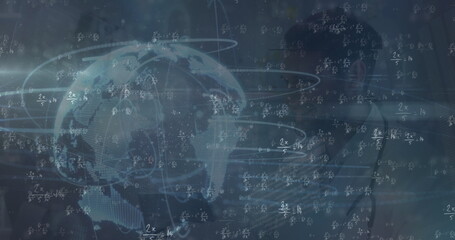 Image of digital interface and globe over caucasian doctor