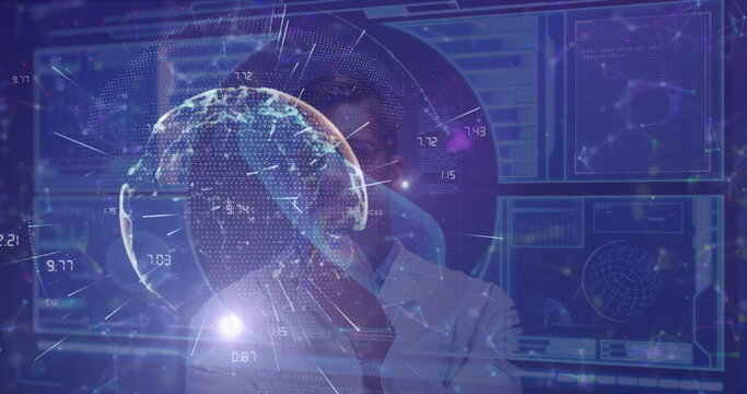 Image of digital interface and globe over caucasian doctor