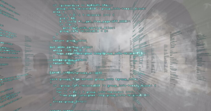 Digital image of statistical data processing against spot of light and light on grey background - Powered by Adobe