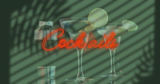Naklejki Image of red neon cocktail text over shadows on cocktails
