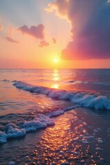 Serene sunrise over tranquil water, gentle waves lapping the shore, peaceful sky painted with soft oranges and pinks Perfect for relaxation and wellness themes , sunset, relaxing