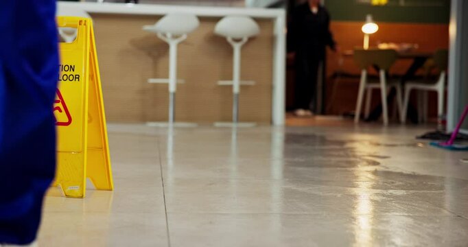 Janitor, accident and man slipping in office with workplace safety, ignore warning sign and risk. Danger, hazard and cleaner fall on wet floor for workers compensation, negligence and legal claim