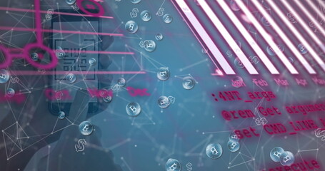 Image of graphs, data and connections over hands holding smartphone with qr code