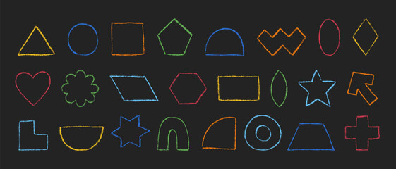 Crayon textured geometric figures collection. Outline basic shapes hand drawn with colored pencil. Silhouettes of pastel textured primitive elements. Vector illustration isolated on black background.