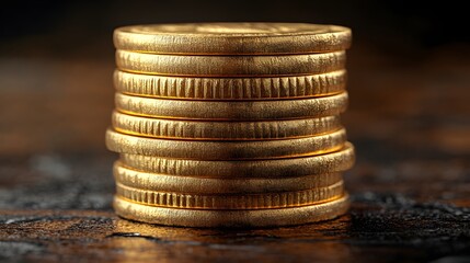 Organized stack of golden coins with intense metallic shine