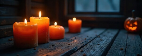 Spooky Halloween candles, flickering in the dark, casting eerie shadows on a cobweb-draped surface Perfect for autumn, fall, Halloween decorations, and spooky ambiance , witchcraft, spooky, scent