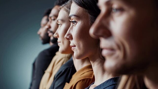Professional businesspeople standing side by side, embodying workplace diversity through confident profiles representing multicultural workforce unity and shared corporate aspirations