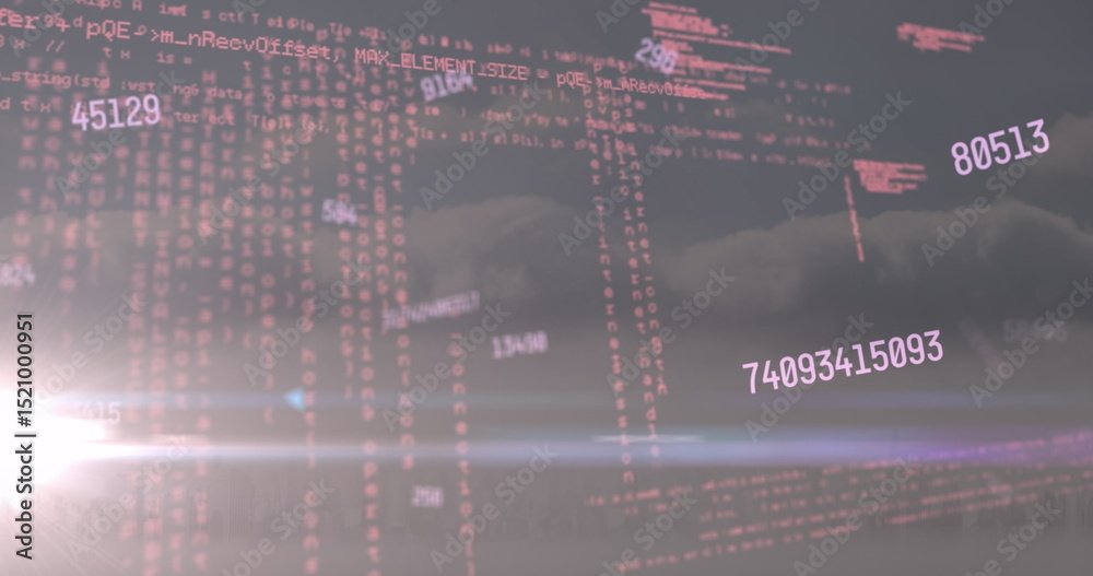 Poster image of data processing and numbers over space with lights
