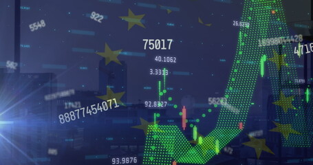 Image of graphs, eu flag and numbers over cityscape
