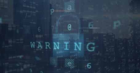 Image of virus scanning, numbers and digital padlock over cityscape