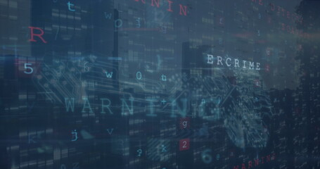 Image of virus scanning and numbers over cityscape