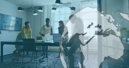 Image of data processing and globe over diverse business people