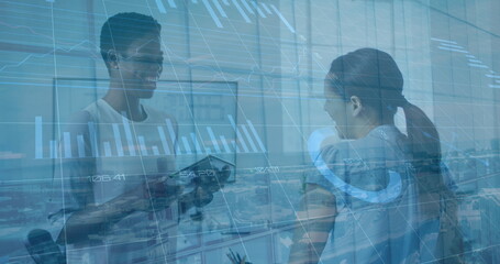 Image of financial data processing and cityscape over diverse business people
