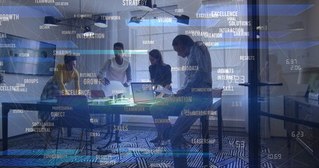 Image of data processing and network of connections over diverse business people in office