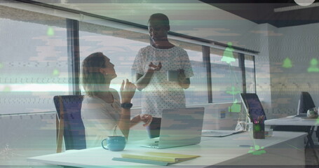 Image of digital interface with data processing over male doctor using tablet