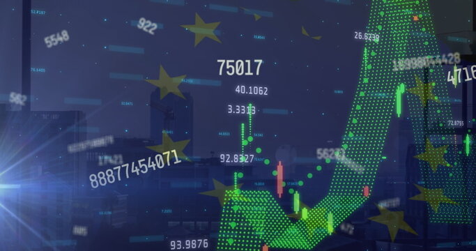 Naklejki Image of graphs, eu flag and numbers over cityscape
