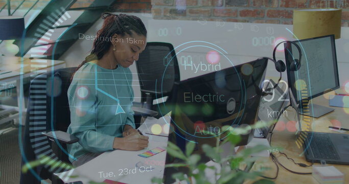 Image of data processing over african american businesswoman in office