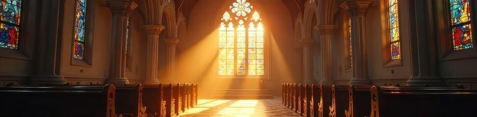 Sunlight streams through stained-glass windows in a serene chapel, illuminating dust motes dancing in the sacred space A feeling of peace and contemplation pervades the scene , interior, heavenly