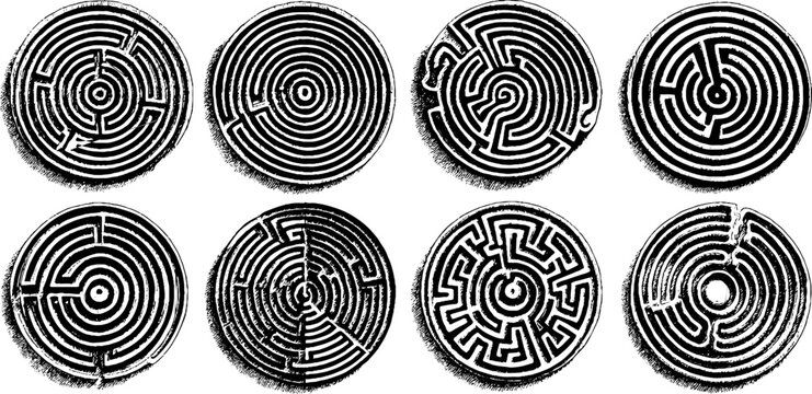 Intricate set of engraved circular mazes and labyrinth designs for creative projects