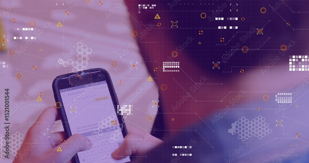 Poster image of data processing over caucasian man using smartphone