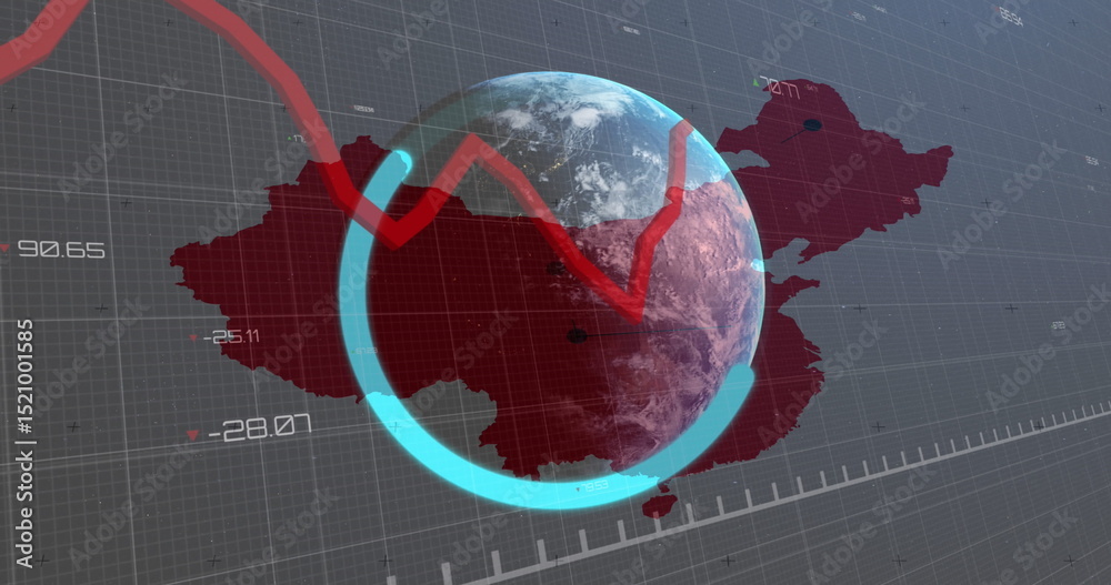 Poster image of data processing with graph over world map and globe