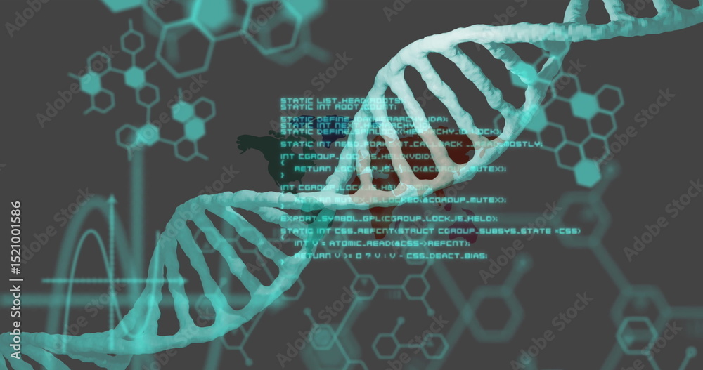 Poster image of data processing with dna strand over world map