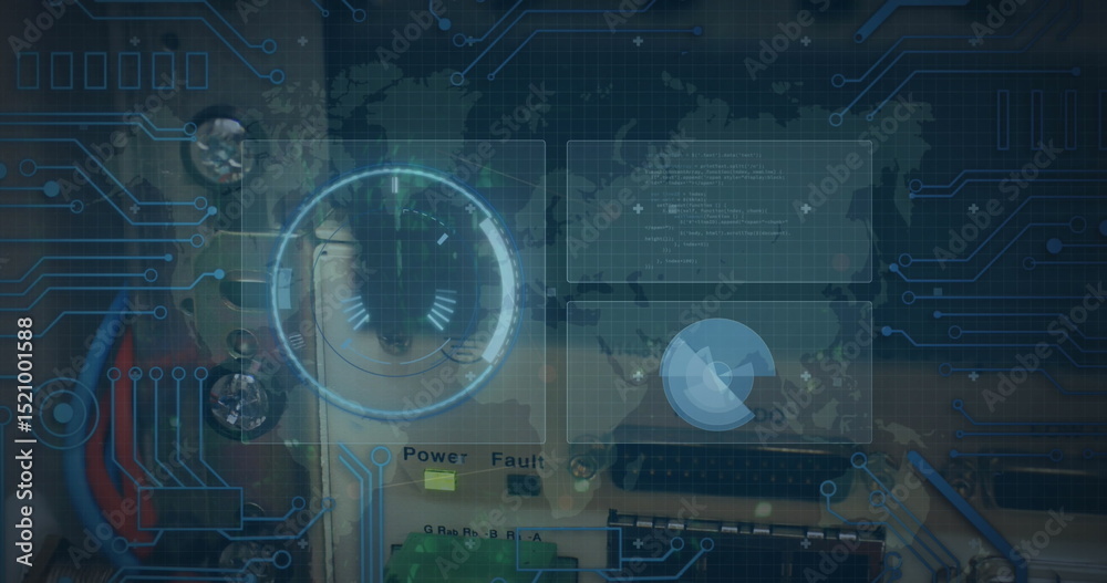 Poster image of data processing with scope scanning and world map over server room