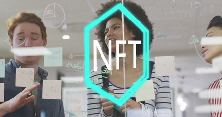Image of nft text over diverse business people in office