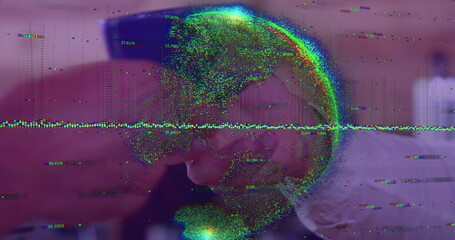 Image of data processing with globe over caucasian woman serving coffee