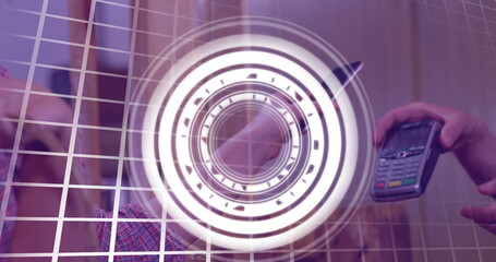 Image of scope scanning over woman image on geometric background