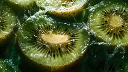 Intensely green kiwis, sliced and whole, in an abundant and natural composition