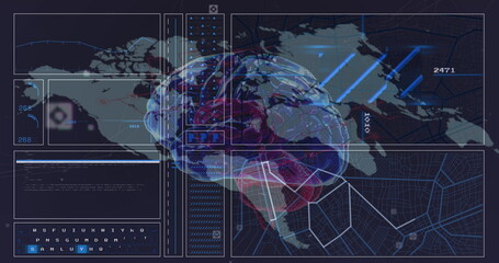 Image of data processing and digital brain over world map
