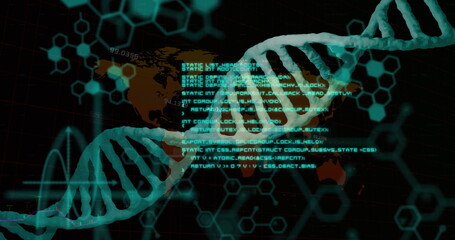 Image of data processing with dna strand over world map