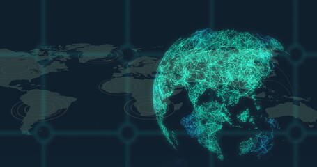 Image of network of connections over world map and globe