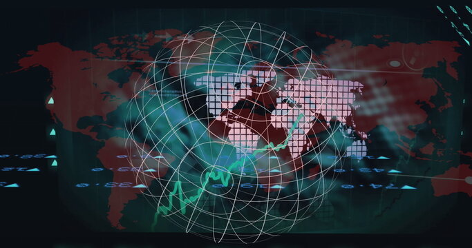 Image of data processing over world map and globe - Powered by Adobe