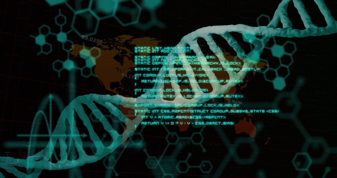 Image of data processing with dna strand over world map - Powered by Adobe