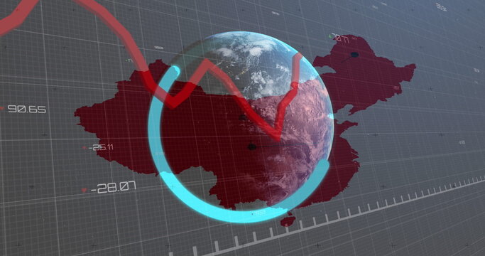 Image of data processing with graph over world map and globe - Powered by Adobe