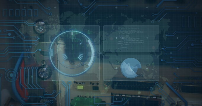 Image of data processing with scope scanning and world map over server room - Powered by Adobe