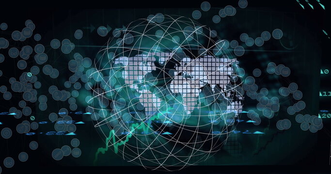Image of data processing with network of connections over world map and globe - Powered by Adobe