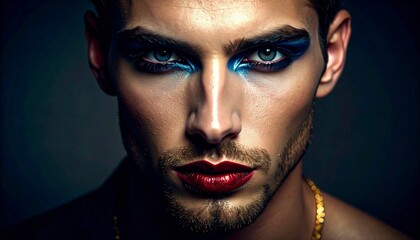 Close-Up of Youthful Male Face with Scarlet Lips and Glitter Blue Eyeliner in Studio Shadows