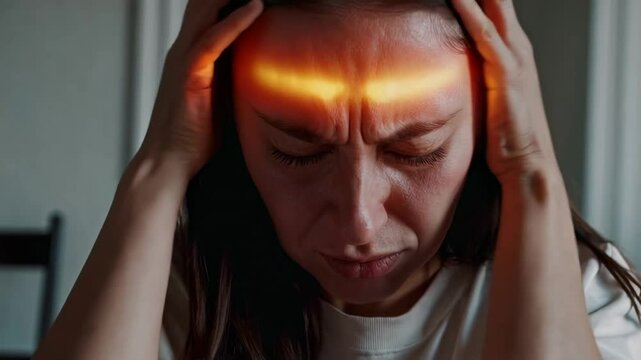 Young woman experiencing intense cranial discomfort, gripping forehead while enduring sharp migraine pain radiating across temples and causing visible physical distress