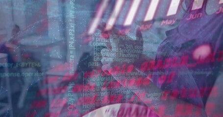 Image of data processing over caucasian teacher with diverse schoolchildren