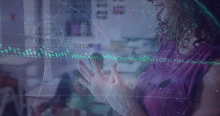 Image of data processing over caucasian teacher with diverse schoolchildren