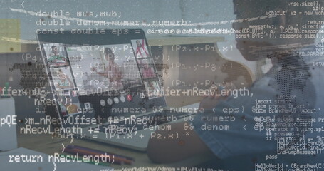 Image of data processing over teacher having image call with diverse schoolchildren