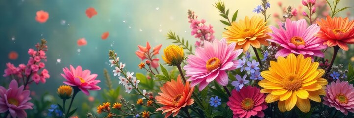 Vibrant floral arrangement overflowing with joy; a burst of colorful blooms symbolizing happiness and springtime cheer , delightful flowers, flora