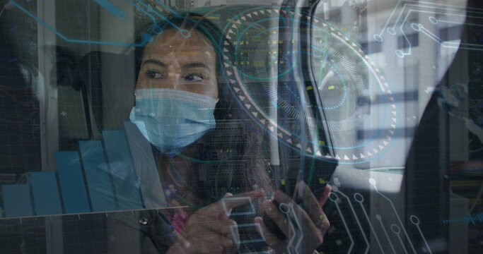 Image of data processing over woman with face mask using smartphone